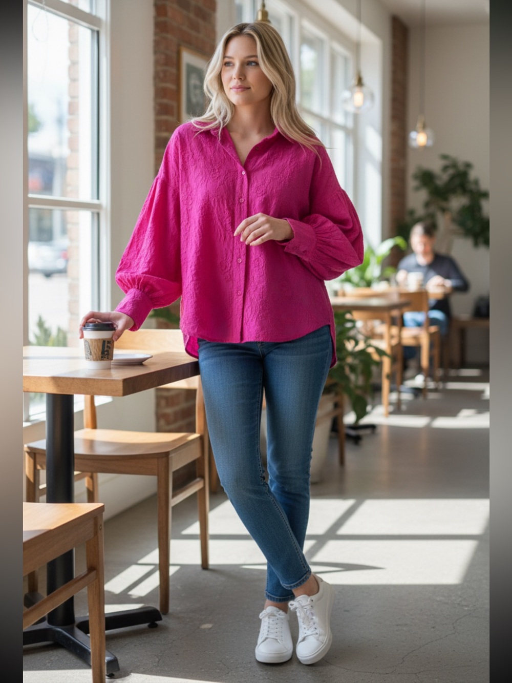 Go Fish Textured Embroidered Button-Down Shirt - Vibrant Fuchsia Oversized R $74
